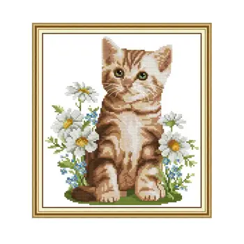 

Joy Sunday Cross-stitch Embroidery Kit Cat and Flowers DIY 14ct 11ct Counted Printed Canvas Cross Stitch Needlework DMC Threads