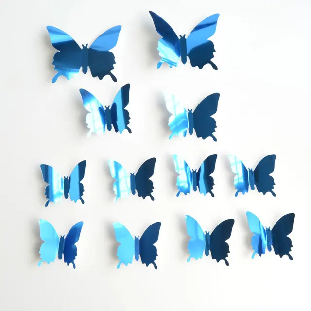 12pcs 3D Mirror Butterfly Wall Stickers Suitable for Living Room and Bedroom Ornament Personalized Home Decoration Accessories Blue 12pcs