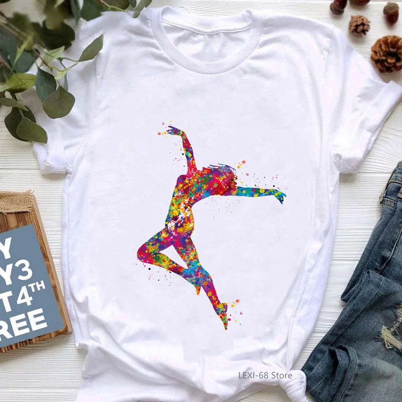 

Ballet Dancer Watercolor Print T Shirt Women Beautiful Girl Gymnastics Tee Shirt Femme Harajuku Kawaii Clothes Tshirt