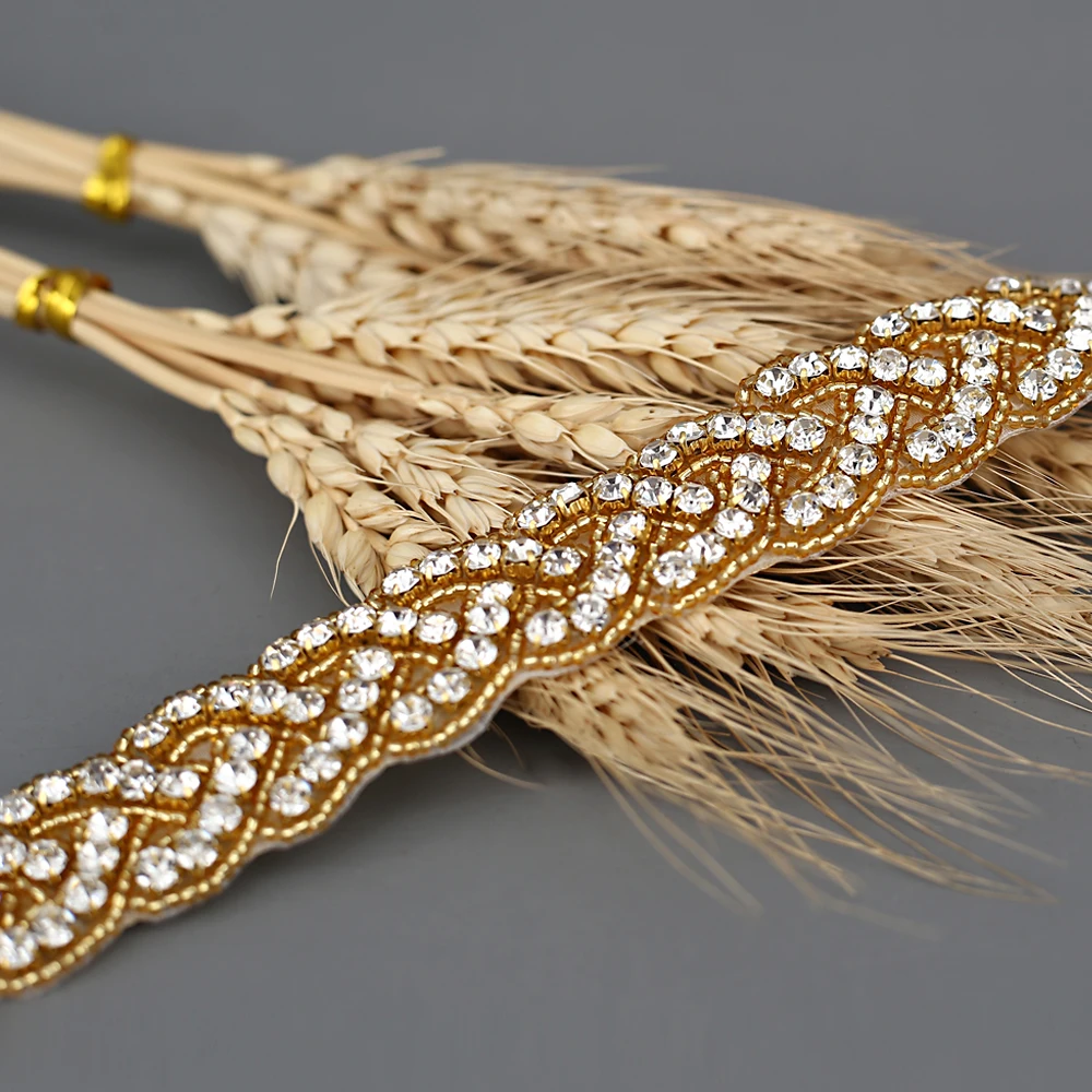 TOPQUEEN S216-G Bridal Belt Sash with Rhinstones Gold Rhinestone Bridal Sash Beads Sash Belt for Wedding Accessories Jewel Belt