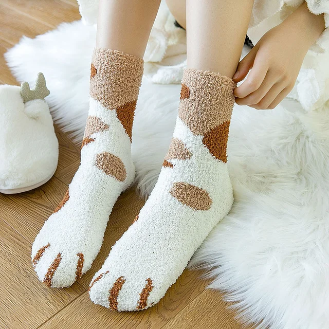 Calcetines Calientes De Lana Coral De Felpa Para Mujer, Calcetín Harajuku Kawaii, Otoño E Invierno Calcetines Gordos, Garras De Gato, Gruesos, Cálidos, Para Dormir, Para - Calcetines - AliExpress