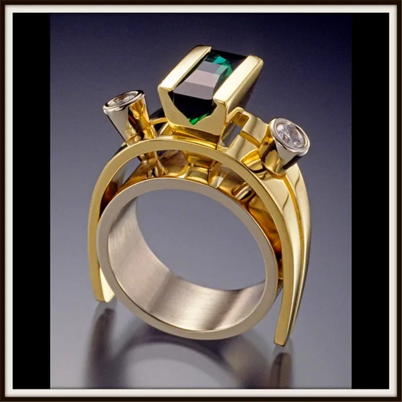 

Unique Style Ladies Green Zircon Finger Ring Fashion Yellow Gold Color Crystal Party Ring Vintage Geometric Rings For Women