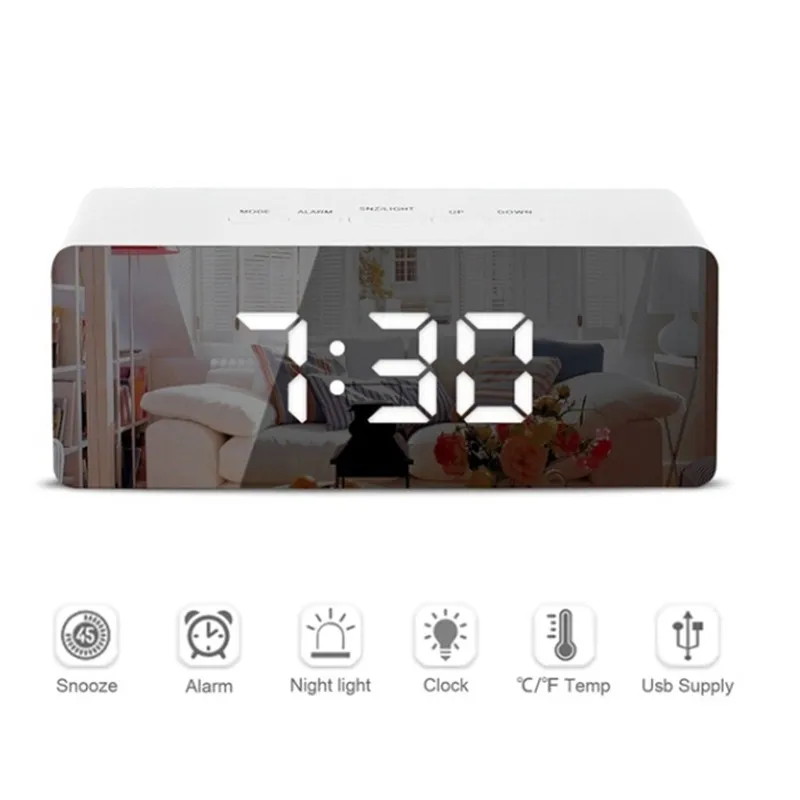 

Multi-function Mirror Digital Clock LED Makeup Electronic Clocks Snooze Time Temperature Display Memory Function USB Cable Indic