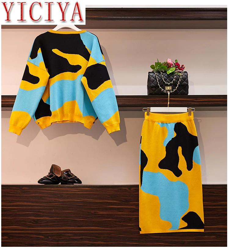 Леопардовые жаккардовые вязаные свитера, комплект из 2 предметов, винтажный пуловер с длинными рукавами, топы, юбка-карандаш, костюм размера плюс 4XL, костюмы, одежда