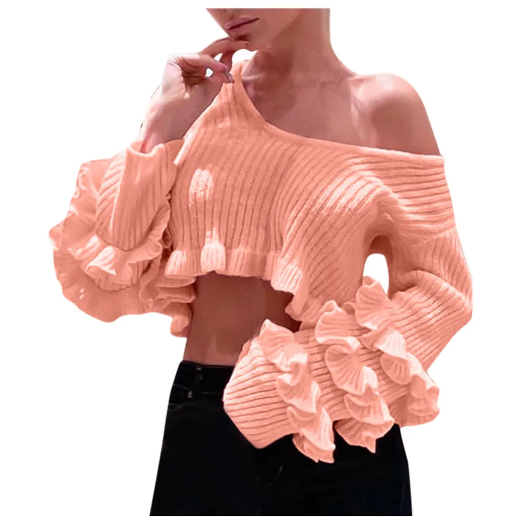

2019 Women Winter Fashion Sexy Knit Sweater Ruffled Short Solid Color Top 8.15