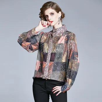 

Vintage Spring Blouse Retro Bubble Long Sleeve Top Stand Collar Print Loose Shirt blusas mujer de moda 2020 Plus Size QY35430