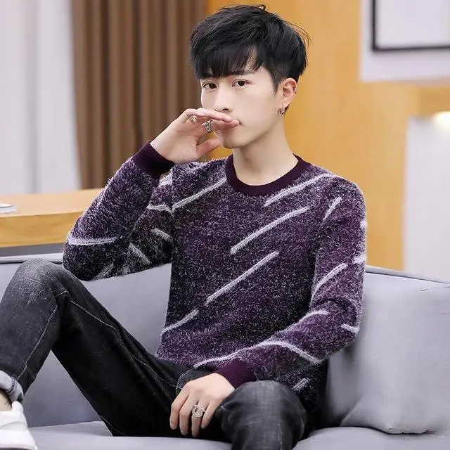 Men's fashion autumn / winter sweater Casual Striped Men O-Neck Pullovers Knitted Male Long Sleeve Mens Sweaters Knitwear - Цвет: purple