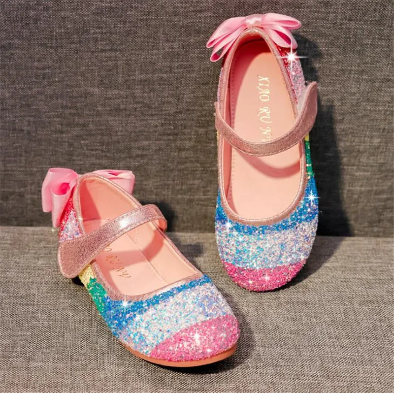 Weoneit Princess/детская кожаная обувь для девочек; сезон осень; Повседневная блестящая детская обувь на плоской подошве; обувь для девочек с бантом; цвет розовый, черный; CN 24-38