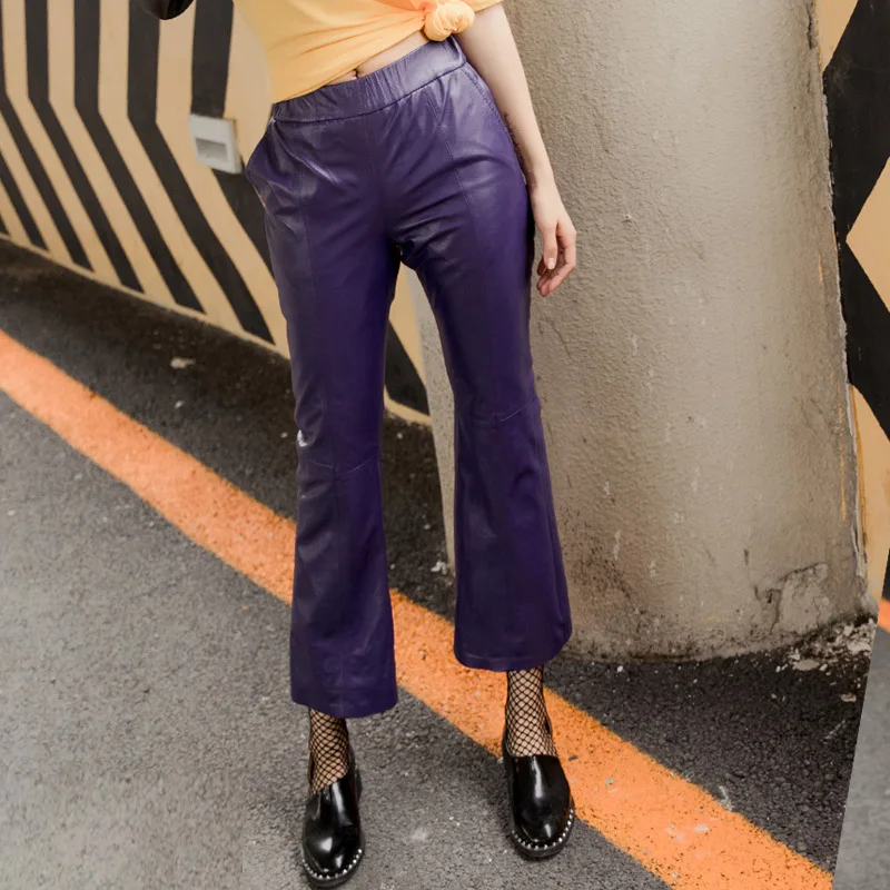 1 Модные расклешенные брюки женские из натуральной кожи Slim Fit из натуральной кожи ягненка повседневные женские Брюки Большие размеры 4XL брюки женские - Цвет: 1
