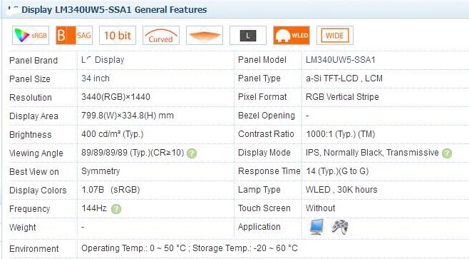 LM340UW5 SSA1 R1900 четырехсторонний узкий ободок 4 K изогнутые поверхности ips 144 Гц для чужой AW3418DW игра дисплей