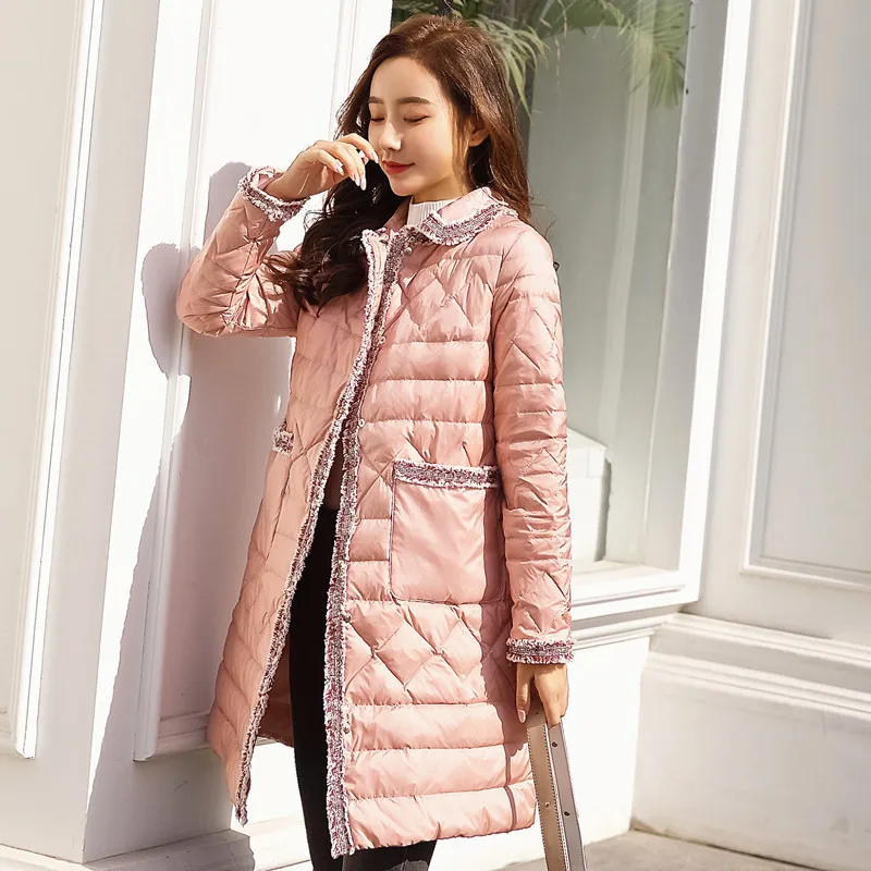

LUCKY eky New Style Lace Small Fold-down Collar Thin down Jacket Women's Mid-length a Version Graceful 18017
