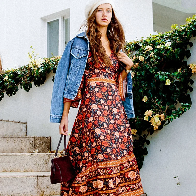 Boho шикарное летнее винтажное платье макси с v-образным вырезом и цветочным принтом для женщин модное платье с бантом и поясом кимоно с рукавами пляжные платья vestidos