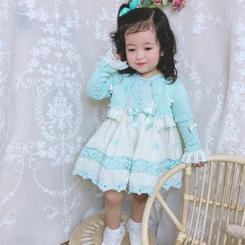 

4PCS Spring Summer Lolita Spanish Bow Sleeveless Princess Ball Gown Party Dress Whit Long Sleeve Cotton knit Coat For Bady Girls