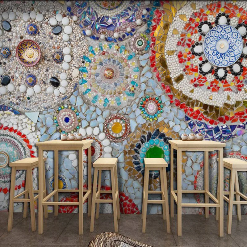 European 3D Stereo Porcelain-like Cafe Wallpaper Retro-ancient Ethnic Style Thangka Art Living Room TV Background Wallpaper