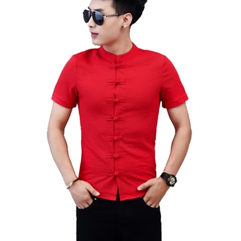 

Button design Shirt for Men Blouse Male Casual Short Sleeves Solid Linen Shirt for Man Slim Plus Size Red Gray White Black