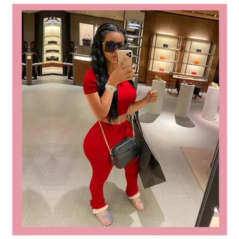 

Red Stacked Leggings Tracksuit Woman 2 Piece Sets 2020 Summer Crop Top Pants Suit Summer sweatpants Fitness Outfits Clothing