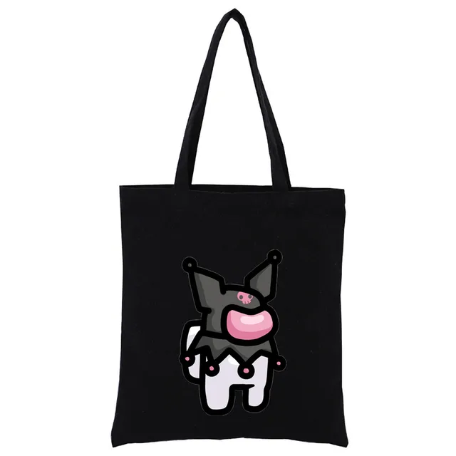 Little Black Bunny Cat Rock Reusable Shopping Bag Women Canvas Tote Bags Printing Eco Bag Cartoon Shopper Shoulder Bags Black T323-Y