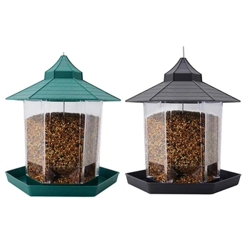 

Panorama Bird Feeder, Hexagon Shaped with Roof Hanging Bird Feeder for Garden Yard Decoration (Green+Grey)2 Pack