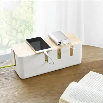 

Storage Box with Wooden Cover for Socket Power Cord Safe Cooling Heat Dissipation Hollow Out Charging Cable Storage Case