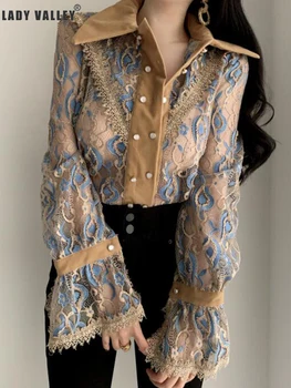 

Heavy Crafts Contrast Lapel Double Breasted Embroidery Appliqué Hollow Retro Shirt Ladies Spring Fashion Personality Wild Tops