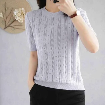 

Women's round neck T-shirt solid color casual sweater 2020 gray