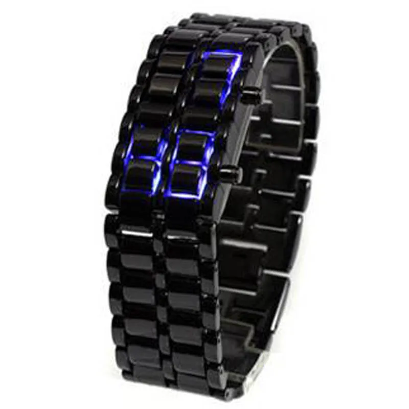 Мужские светодиодный цифровые часы Lava Железный самурай часы мужские черные из нержавеющей стали светодиодные электронные часы мужские спортивные часы reloj hombre - Цвет: 1600Black Blue Light