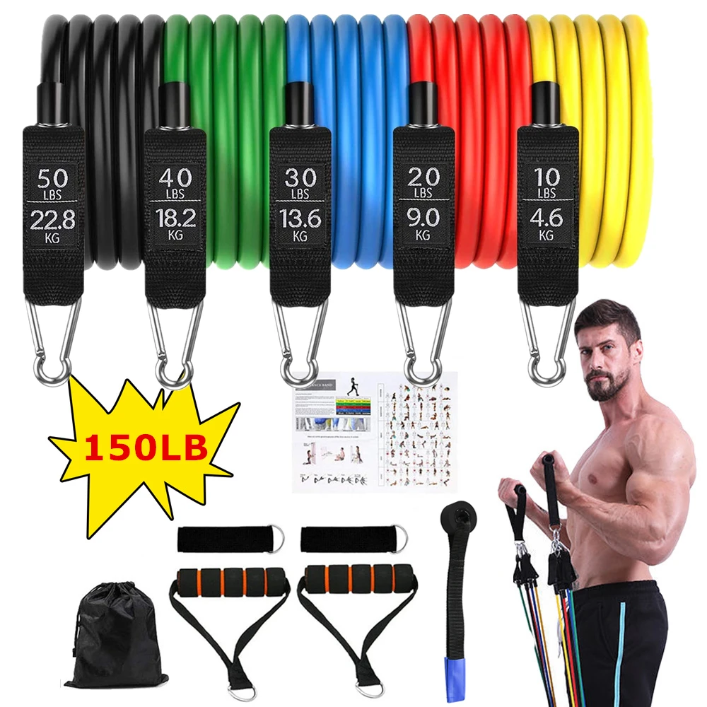 Set de Bandas de Resistencia, gomas bandas elasticas fitness para entrenar con soporte de 100lbs, Kit de Bandas para Entrenar con 5 tubos, 4 Manijas de Hule, Correas para Tobillos, Anclaje para puerta