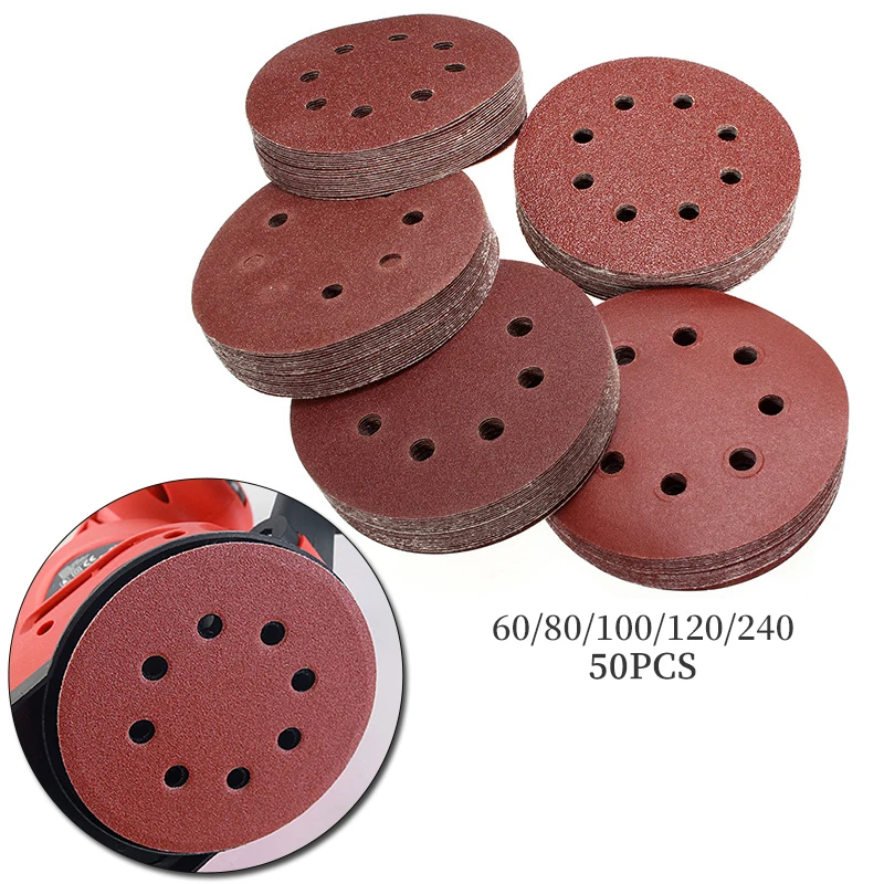 50PCS 5Inch 8 Hole Hook And Loop Round Sanding Disc Sandpaper 60-240 Grit Strong grinding force
