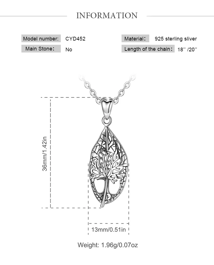 EUDORA Sterling Silver Tree of life Vintage Leaf Pendant Necklace Oxidized silver foliage Necklaces Fine Jewelry for women D452