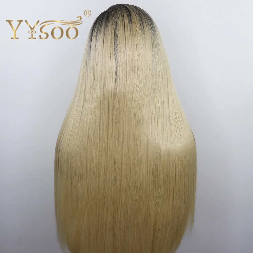 YYsoo T1b/613 длинные прямые полностью кружевные парики для женщин без клея полностью связанный вручную Ombre блонд синтетический парик с BabyHair конский хвост