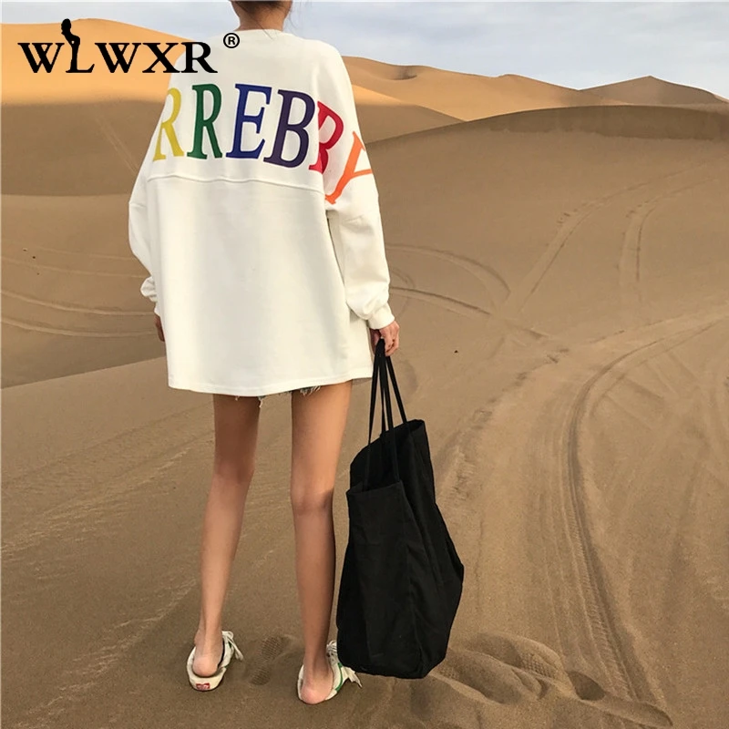 WLWXR осеннее платье с капюшоном большого размера, Женская толстовка, топ с буквенным принтом, свободная Длинная толстовка с капюшоном, зимний женский пуловер