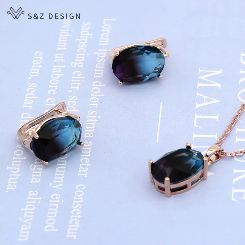 

S&Z DESIGN Fashion Egg Shape Oval Imitation Tourmaline Jewelry Set Dangle Earrings Rose Gold Pendant Necklace For Women Jewelry