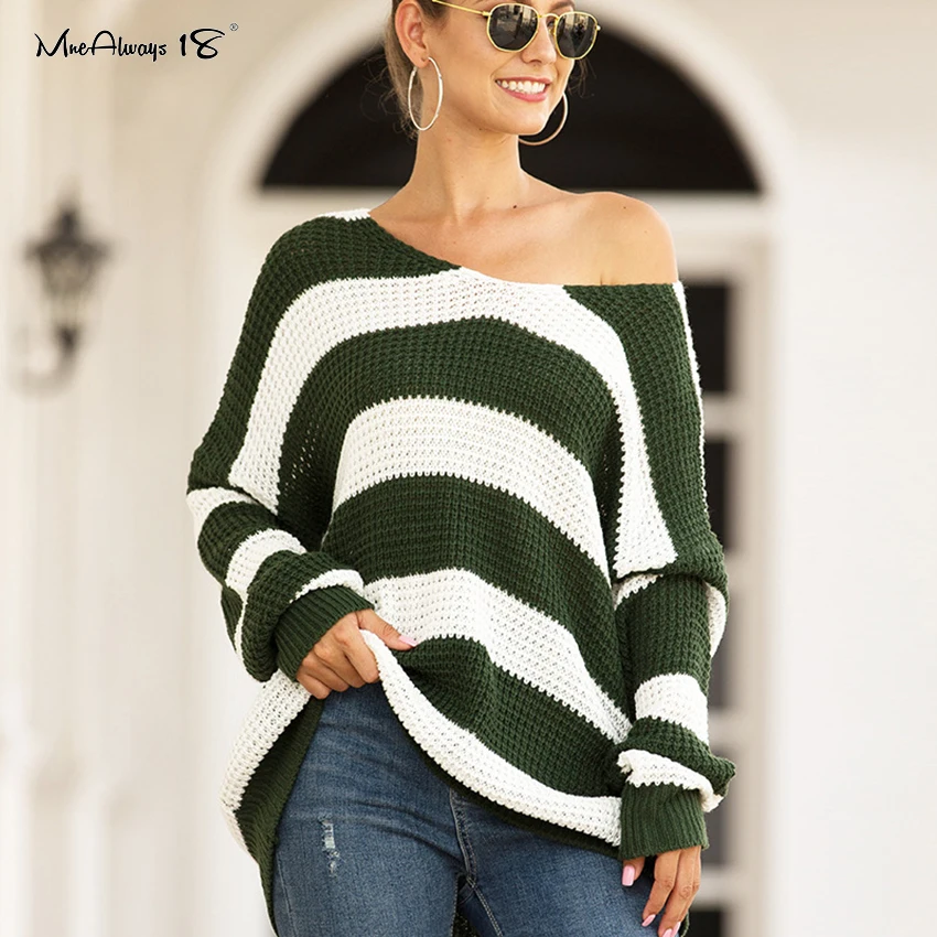 Mnealways18 Striped Oversized Sweater Long Sleeve Loose Winter Jumpers Women Casual Knitted Sweaters Pullover Fall |