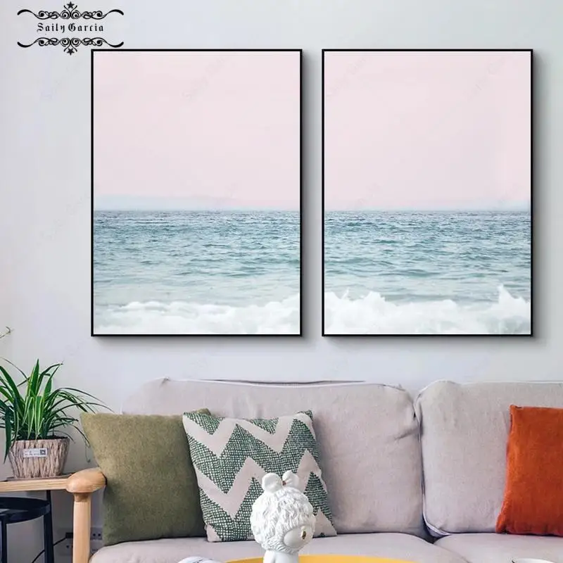 Mediterranean Ocean Scenery Poster Blue and Pink Sea Wave Canvas Painting Minimalist Wall Art Pictures for Home Interior Decor | Дом и сад