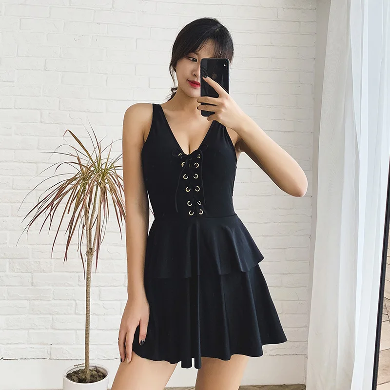 

Swimsuit Female Fused Swimwear 2019 Woman One Piece Swimsuits Black Retro Dress Their Stomachs Suits Solid Polyester Sierra