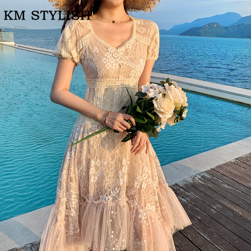 

Women's Clothes Sexy V-neck Dress French 2020 Summer Apricot Puff Sleeve Empire Lace Retro Long Irregular Mesh One-piece Dress