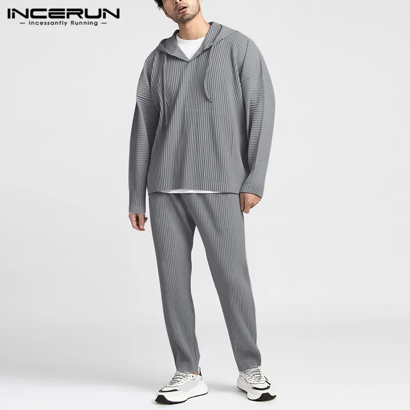 INCERUN Men Sets Solid Color Loose Long Sleeve Hooded Sweatshirts Pants Streetwear Folds Casual Men Tracksuit Sets Breathable INCERUN Men Sets Solid Color Loose Long Sleeve Hooded Sweatshirts Pants Streetwear Folds Casual Men Tracksuit Sets Breathable