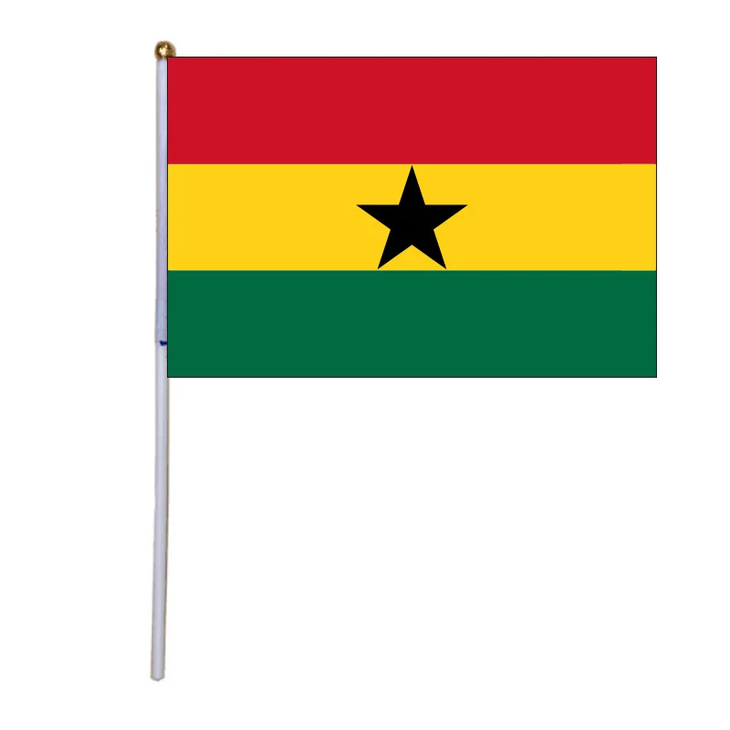 

free shipping xvggdg 100pcs 14 * 21cm National Flag Ghana hand flags with plastic flagpole Polyester Printing flag