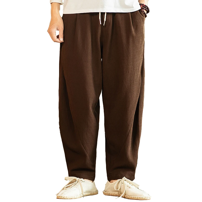 Casual pants Chinese style men's loose straight linen trousers Plus size M-5XL solid color Harajuku literary pants male