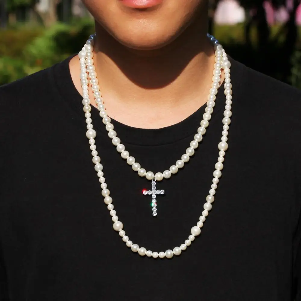 

Hip Hop AAA CZ Stone Bling Iced Out Cross Pendants Necklace with Double Pearl Beaded Link Chain for Men Rapper Jewelry