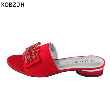 

XOBZJH Women's Shoes 2019 Summer Red Flat Sandals Open Toe Ladies Buckle Shoes Slippers Mature Ladies Luxury Party Plus Size