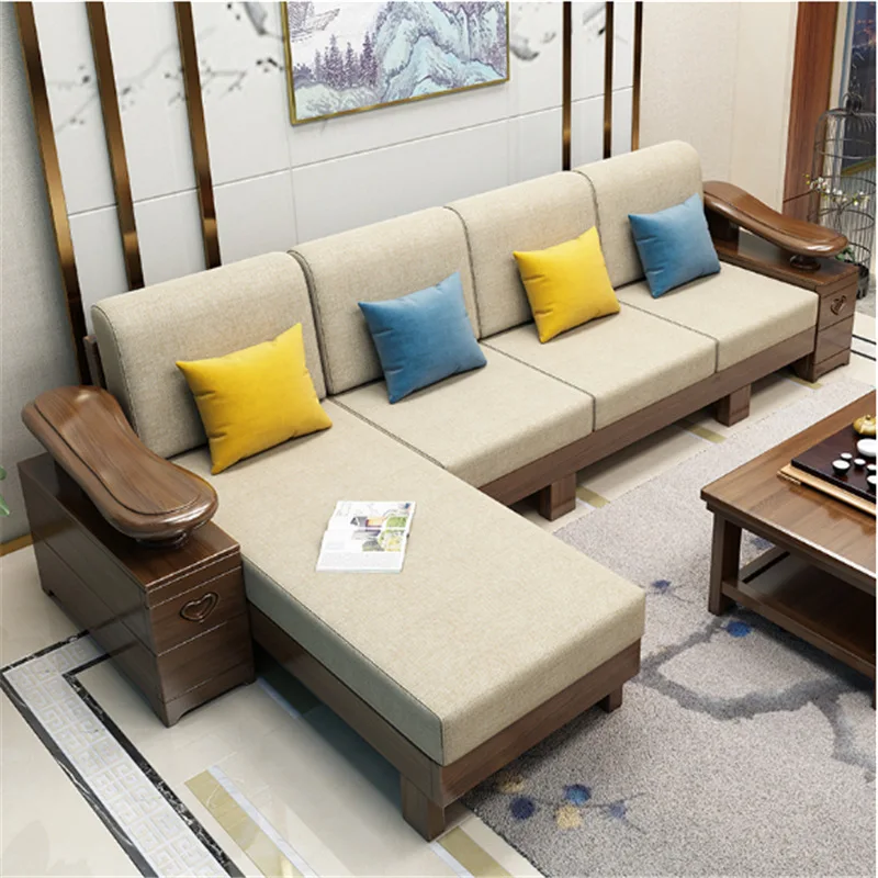 

Solid Wood Combination Sofa Walnut Chinese Style Modern Minimalist Multi-functional with Broaching Machine Storage Living Room F