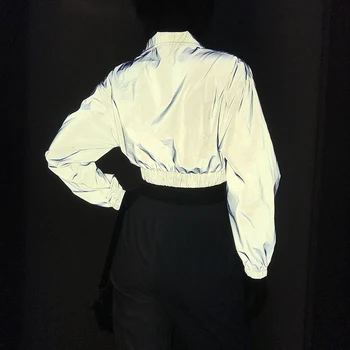 

Fall 2019 Silver Reflective Crop Sweatshirt Women Streetwear Turtleneck Long Sleeve Bomber Punk Sweatshirt Pullovers