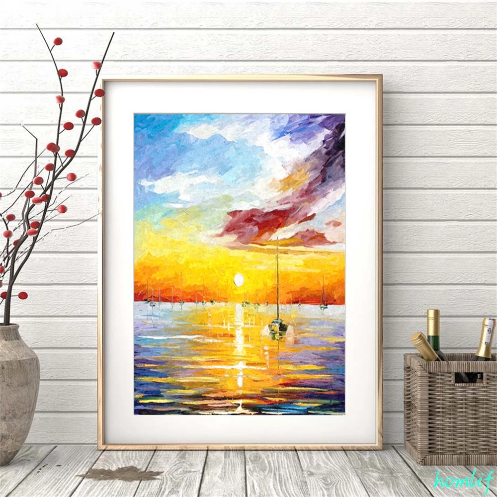 Diamond Painting Sunrise Sunset Maison Boat Cloud Art Embroidery Cross Stitch new year/Christmas decorations for home | Дом и сад