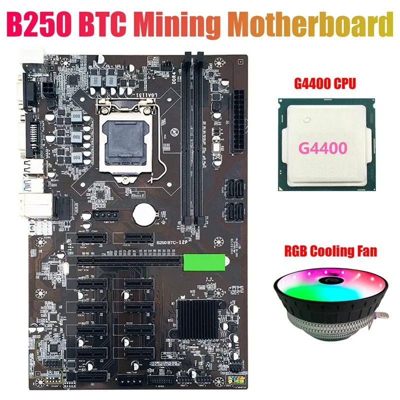 B250 BTC Mining Motherboard with G4400 CPU+RGB Cooling Fan 12X Graphics Card Slot LGA 1151 DDR4 for Miner | Компьютеры и офис