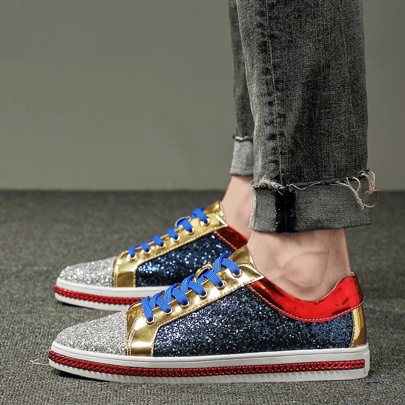 

Men Flats men sneakers 2019 Spring Autumn cross-tied Splice round toe mixed-colors bling sequin PU leather Leisure Footwears