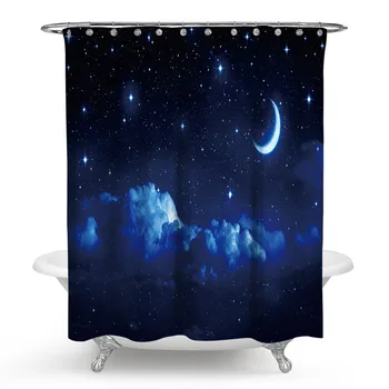 

Fabric Shower Curtain Nature Artwork Decor Lake at Moon Light Stars Sky and Trees Water Reflection Contemporary Bath Curtain