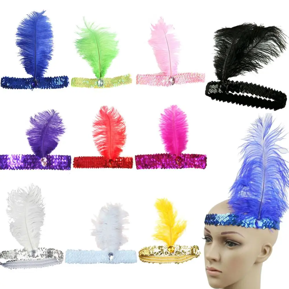 Ladies Ostrich Feather Elastic Sequins Belt Headband Flapper Indian Hairband