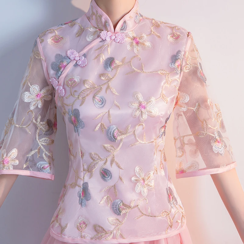 Комплект из 2 предметов, вышитые вечерние платья Cheongsam розового цвета для подружки невесты, винтажное элегантное платье для свадебной вечеринки, сексуальное платье длиной до середины икры