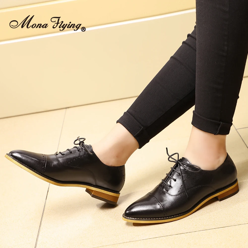 Mona Flying Women Genuine Leather Oxfords Brogue Pointed Toe Flats Comfort Hand-made Lace-up Shoes
